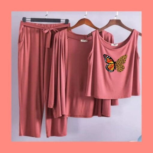 Brown Colorful Butterfly Women 3pcs Night Suit set