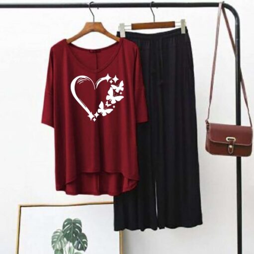 Heart Printed Red V Neck T shirt with Black Palazzo Pajama Night Suit