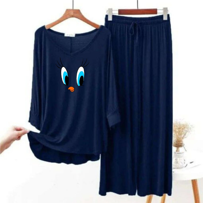 Daffy Duck Printed Navy Blue V Neck with Palazzo Style Pajama Full Sleeves Set