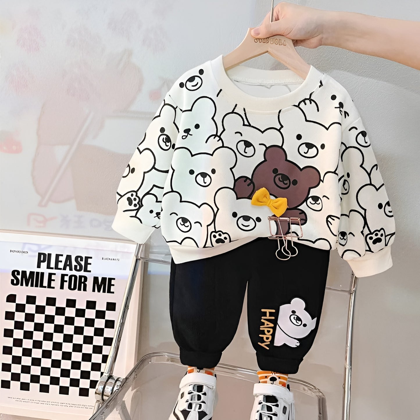 White Multi Bears Print Sweatshirt & Trouser for Kids