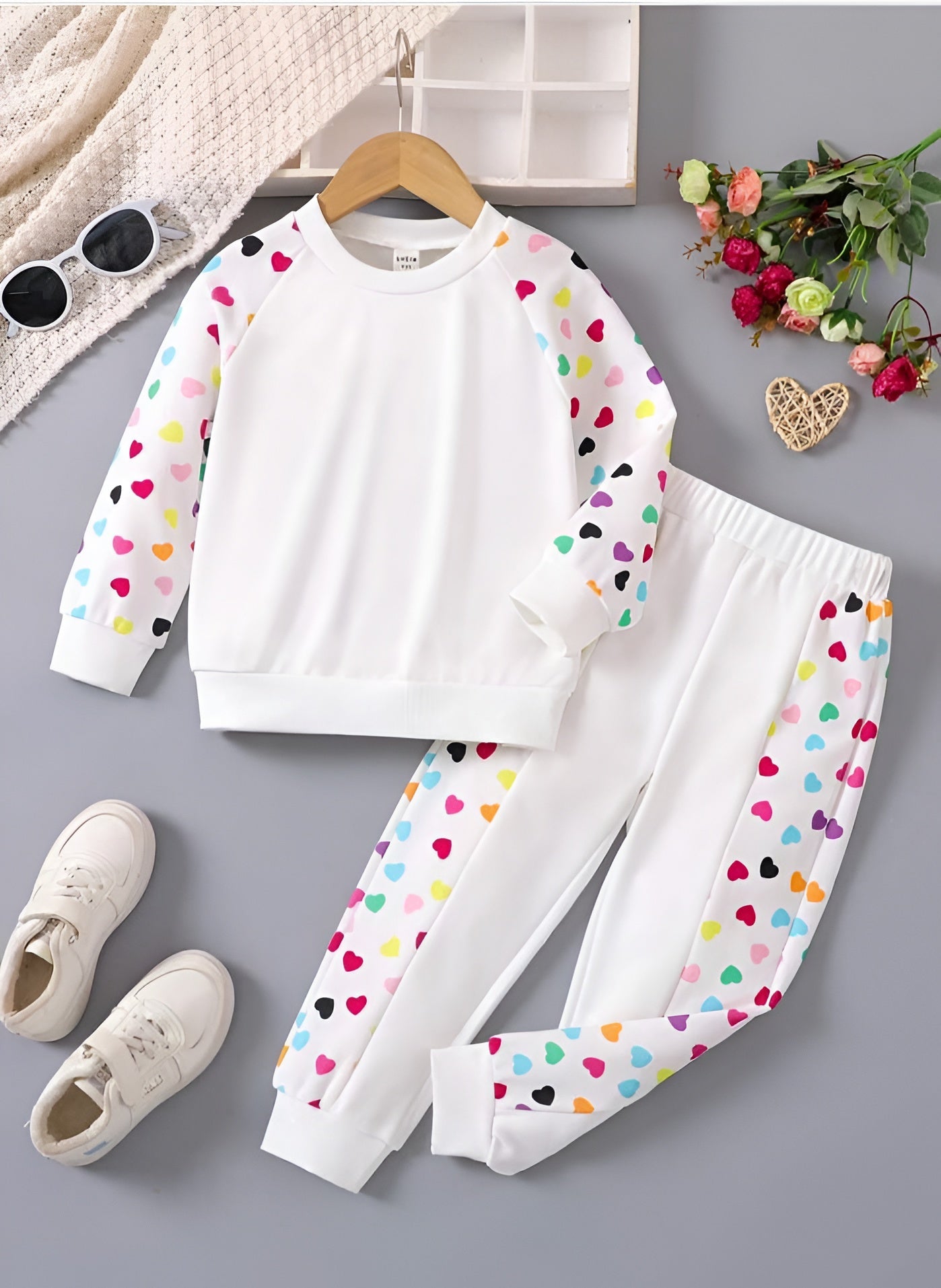 White Multi Dots Print Sweatshirt & Trousers for Kids