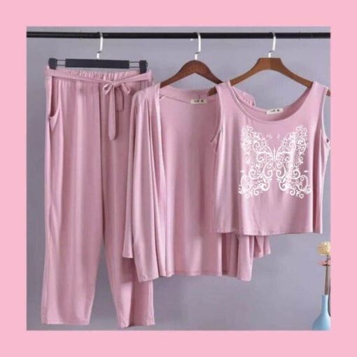 Pink White Butterfly Women 3pcs Night Suit set