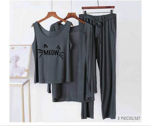 Grey Black Meow Women 3pcs Night Suit set