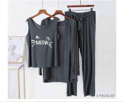 Grey White Meow Women 3pcs Night Suit set