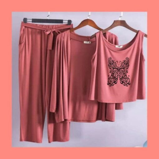 Brown Black Butterfly Women 3pcs Night Suit set