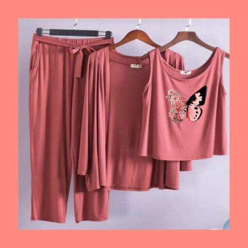 Brown Butterfly Women 3pcs Night Suit set