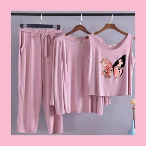 Pink Colorful Butterfly Women 3pcs Night Suit set