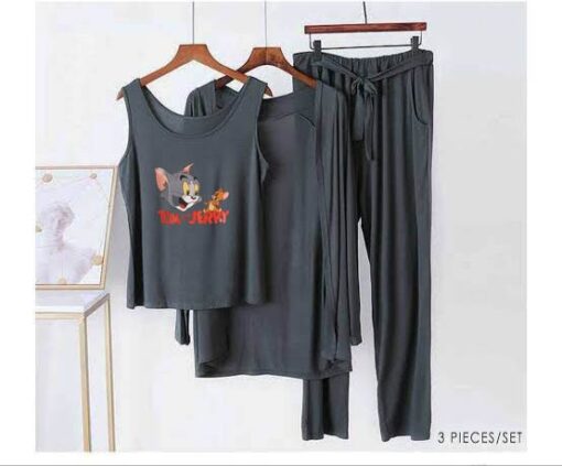 Grey Tom & Jerry Women 3pcs Night Suit set