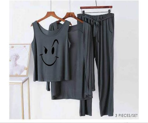 Grey Black Smile Women 3pcs Night Suit set