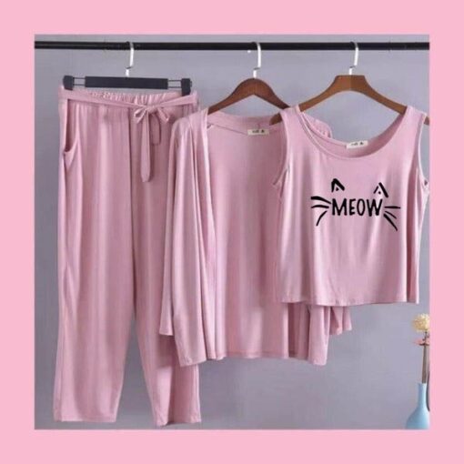 Pink Black Meow Women 3pcs Night Suit set