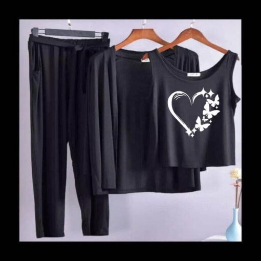 Black White heart Women 3pcs Night Suit set