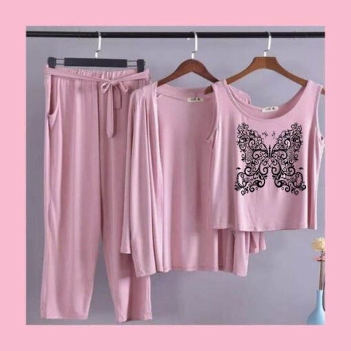 Pink Black Butterfly Women 3pcs Night Suit set