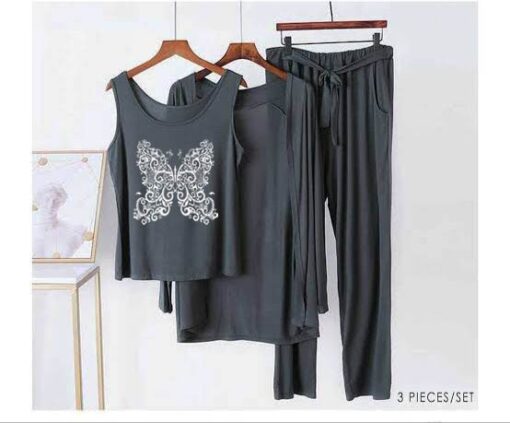 Grey White Butterfly Women 3pcs Night Suit set