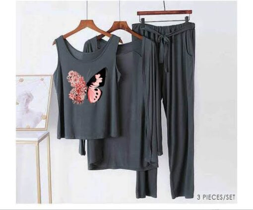 Grey Pink Butterfly Women 3pcs Night Suit set