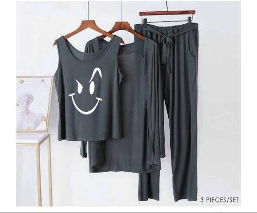 Grey White Smile Women 3pcs Night Suit set