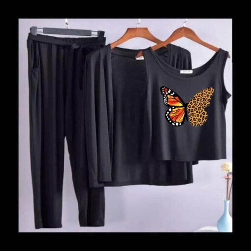 Black Colorful Butterfly Women 3pcs Night Suit set