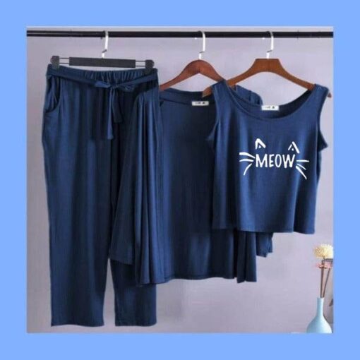 Blue White Meow Women 3pcs Night Suit set