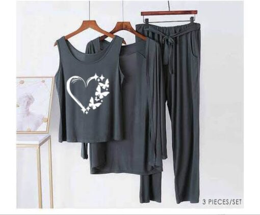 Grey Love Heart Women 3pcs Night Suit set