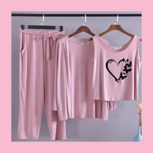 Pink Black Heart Butterfly Women 3pcs Night Suit set