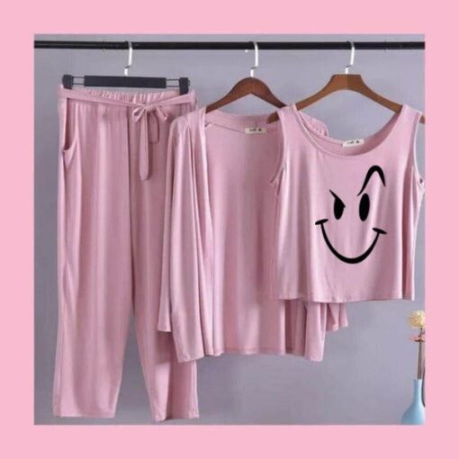 Pink Black Smile Women 3pcs Night Suit set