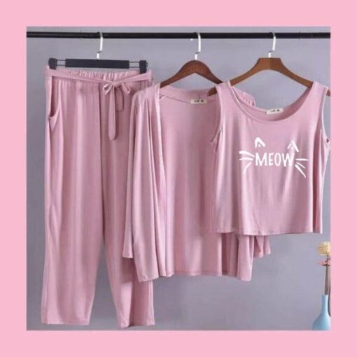 Pink White Meow Women 3pcs Night Suit set