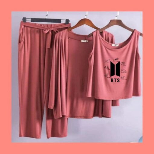 Brown Black BTS Women 3pcs Night Suit set