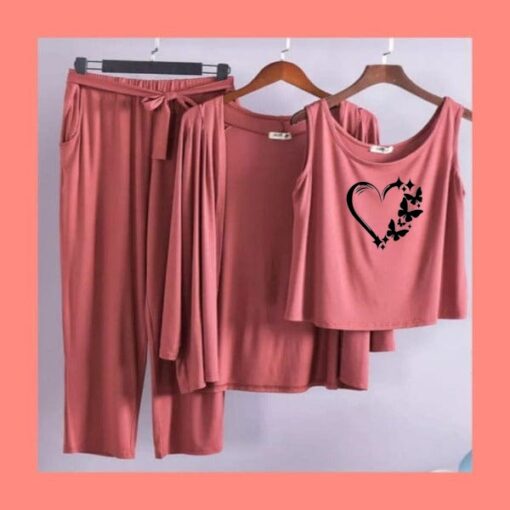 Brown Black Love Heart Women 3pcs Night Suit set