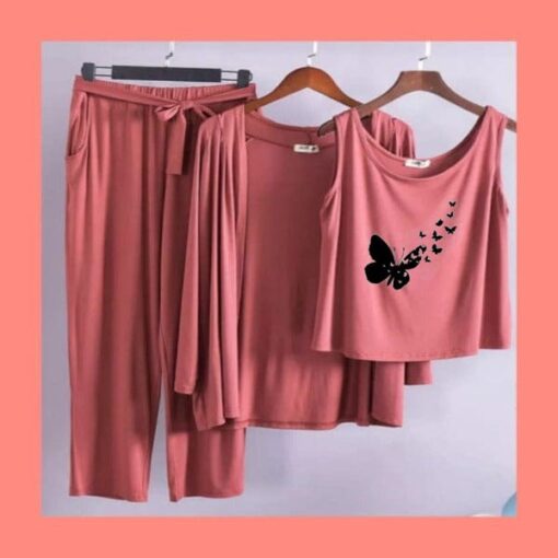 Brown Black Flying Butterfly Women 3pcs Night Suit set