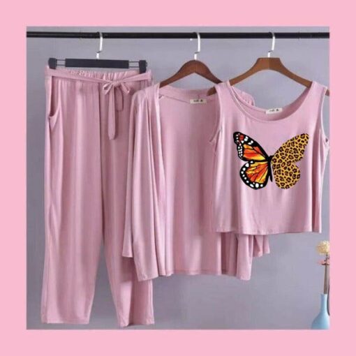 Pink Colorful Butterfly Women 3pcs Night Suit set