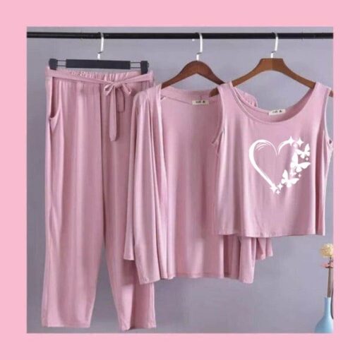 Pink White Heart Butterfly Women 3pcs Night Suit set