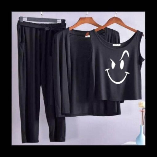 Black White smile Women 3pcs Night Suit set