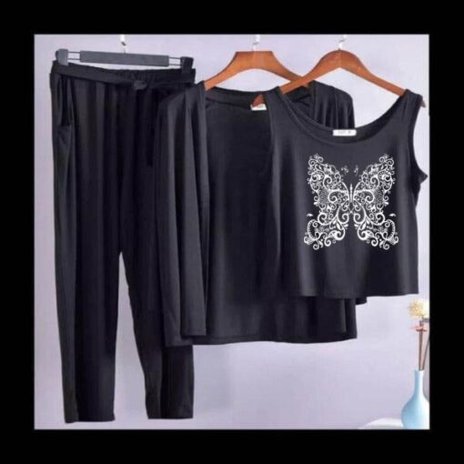 Black white Butterfly Women 3pcs Night Suit set