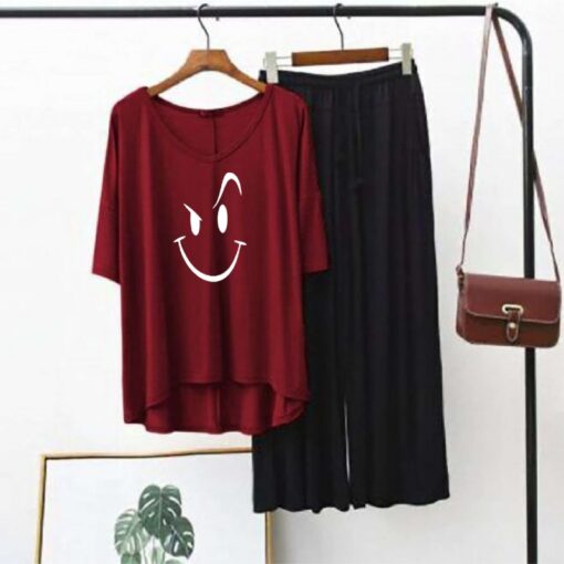 Smiley Face Printed Red V Neck T shirt with Black Palazzo Pajama Night Suit