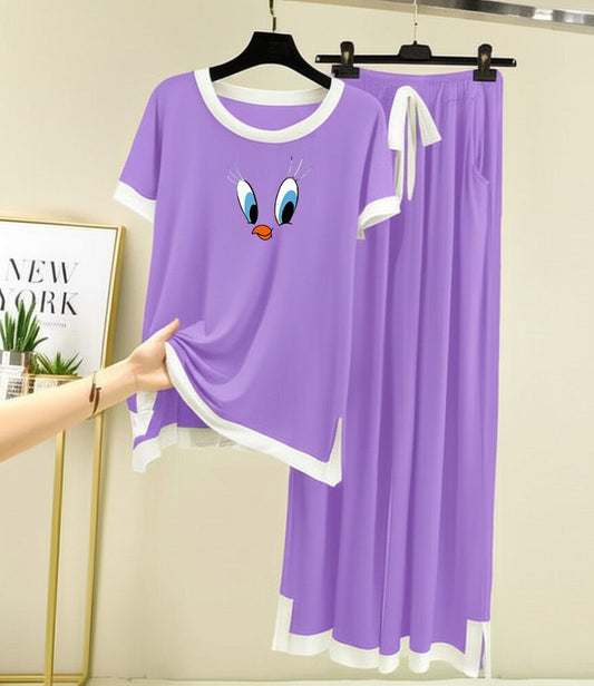 Daffy Duck Printed Half sleeves Purple with White Round Neck Palazzo Pajama Set