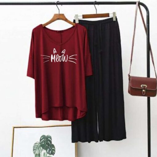 Meow Printed Red V Neck T shirt with Black Palazzo Pajama Night Suit