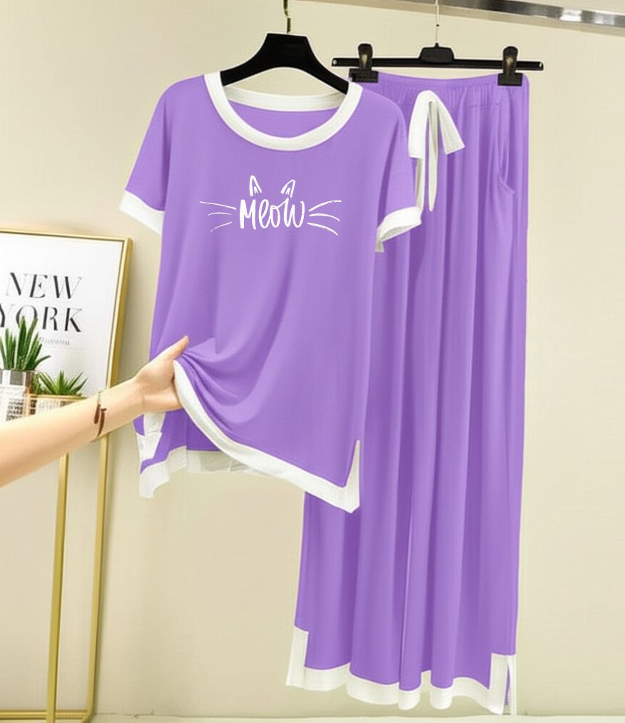Meow Printed Half sleeves Purple with White Round Neck Palazzo Pajama Set