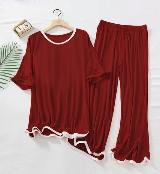 Maroon with White Round Neck Half Sleeves Palazzo Pajama Set