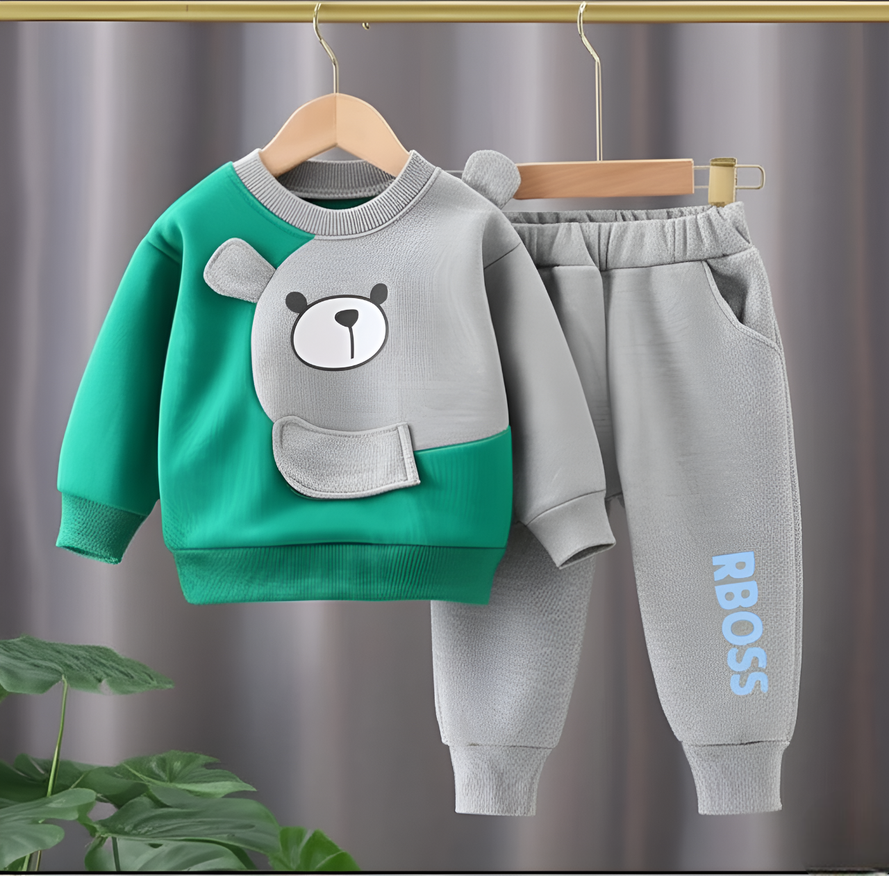 Green & Grey Bear Print Sweatshirt & Trouser for Kids