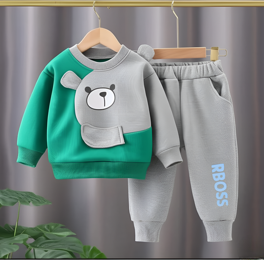 Green & Grey Bear Print Sweatshirt & Trouser for Kids