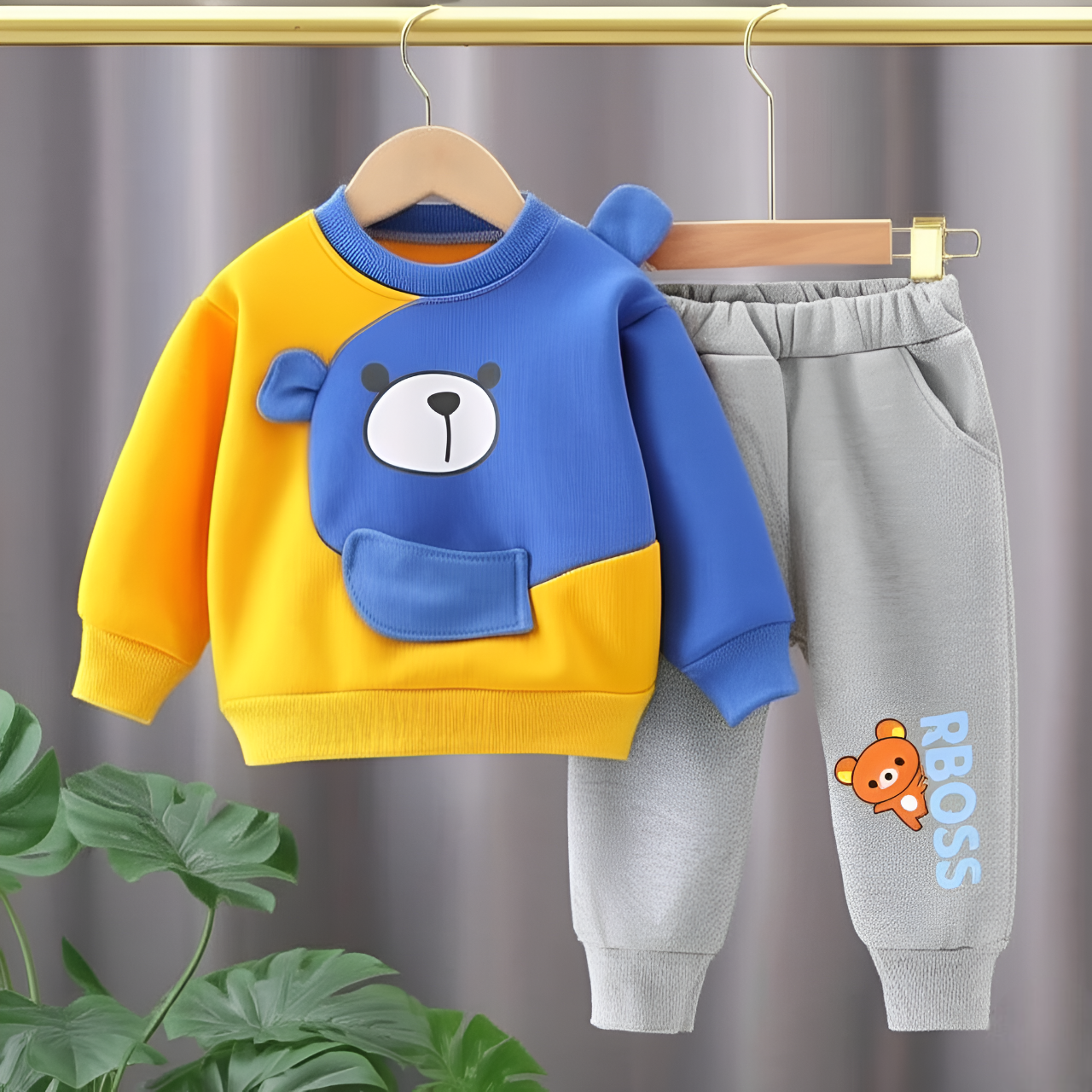 Yellow & Blue Bear Print Sweatshirt & Trouser for Kids