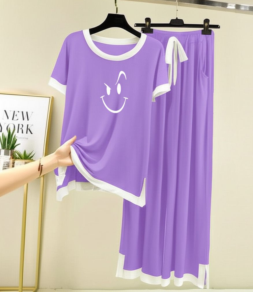 Smiley Face Printed Half sleeves Purple with White Round Neck Palazzo Pajama Set