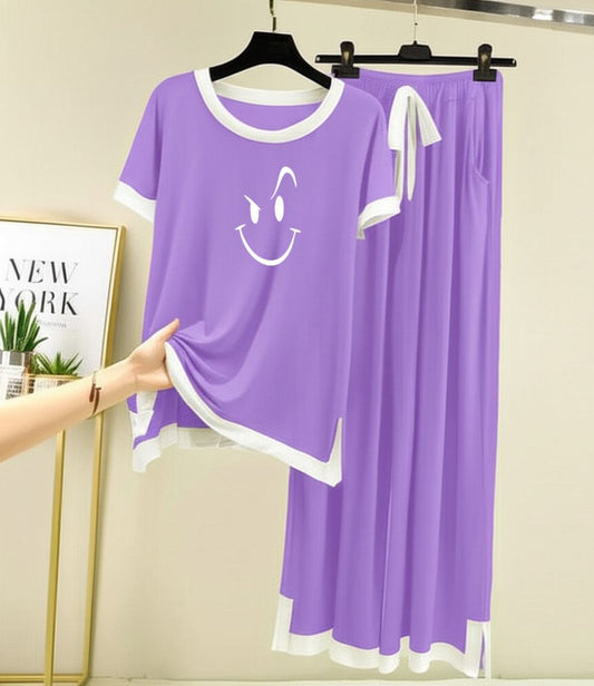 Smiley Face Printed Half sleeves Purple with White Round Neck Palazzo Pajama Set