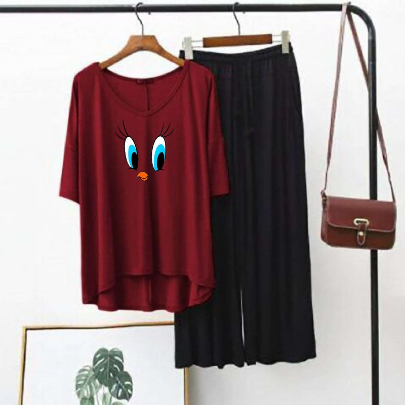 Daffy Duck Printed Love Heart Printed Red V Neck T shirt with Black Palazzo Pajama Night Suit