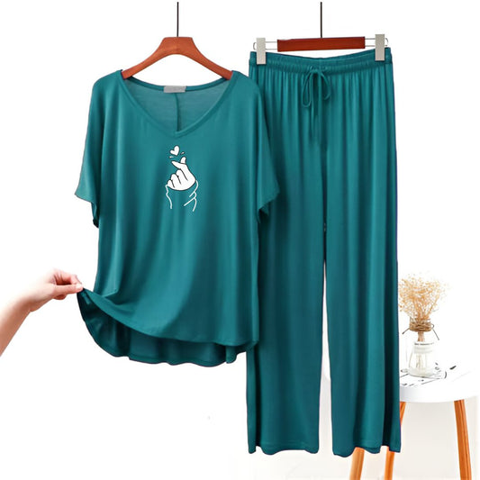 Love Heart PrintedHalf sleeves Plain Green V Neck T shirt with Green Palazzo Pajama Set