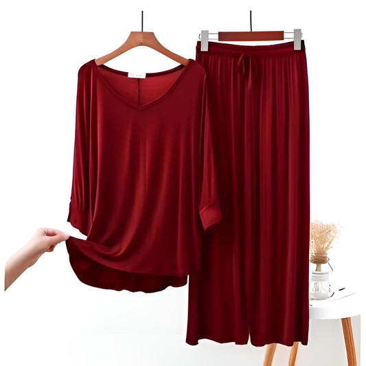 Plain Maroon V Neck T shirt with Marron Palazzo Pajama Set