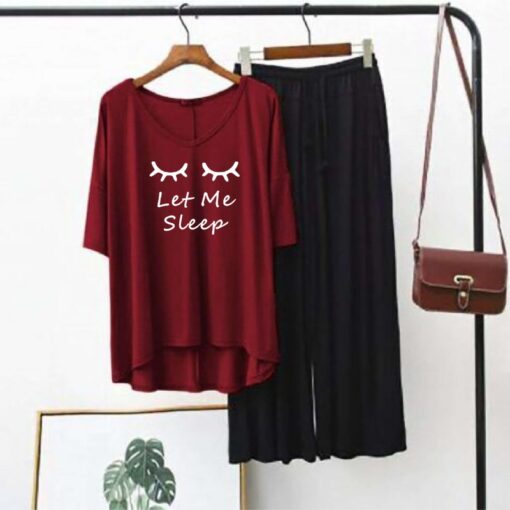 Let Me Sleep Printed Red V Neck T shirt with Black Palazzo Pajama Night Suit