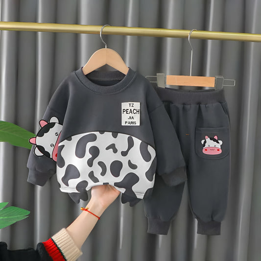 Grey Cow Print Sweatshirt & Trouser for Kids