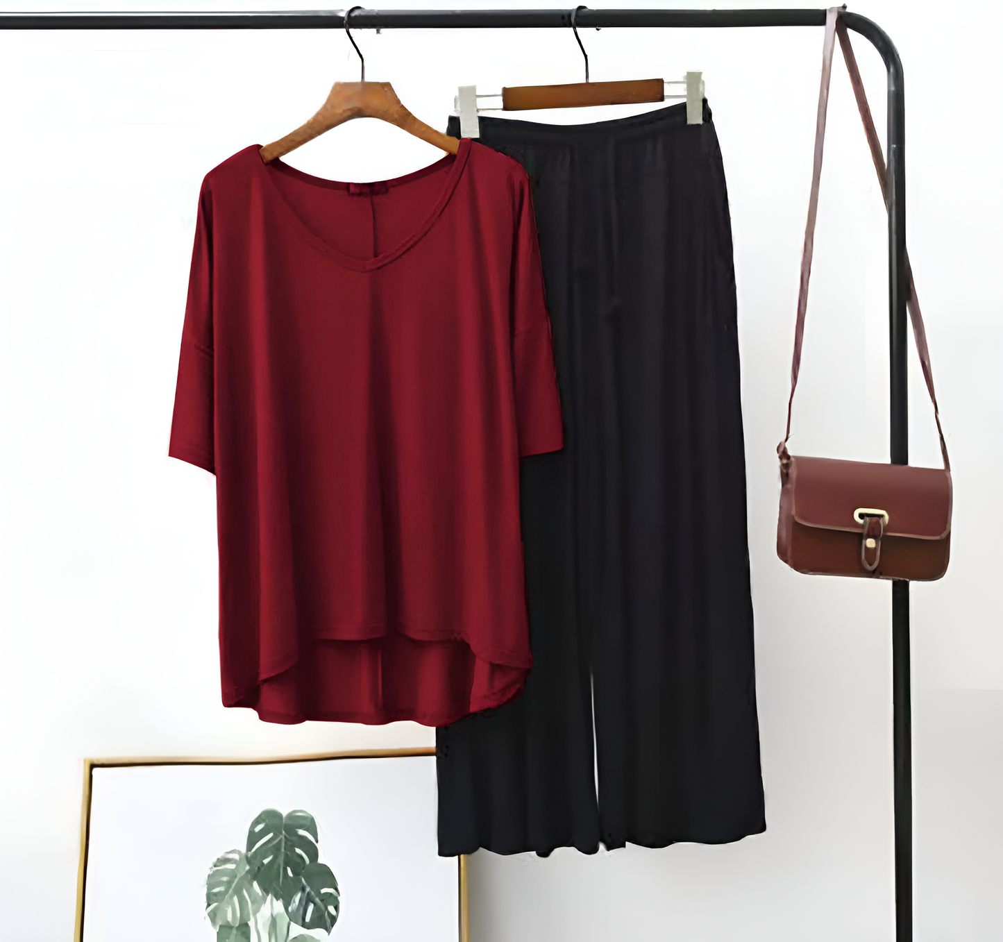 Plain Red V Neck T shirt with Black Palazzo Pajama Set