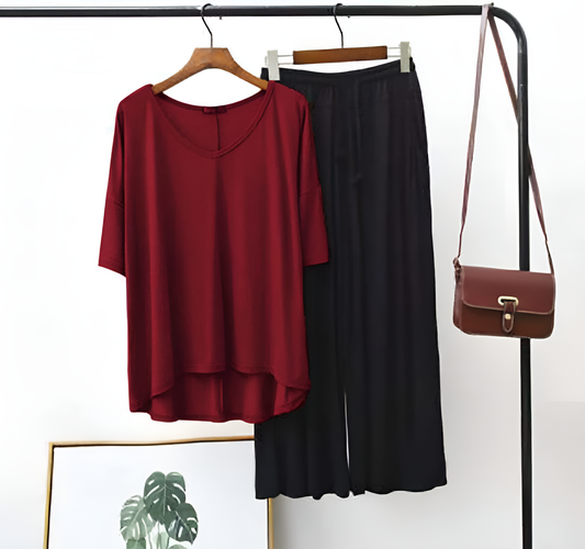 Plain Red V Neck T shirt with Black Palazzo Pajama Set