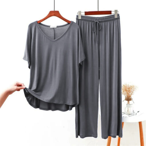 Half sleeves Plain Grey V Neck with Palazzo Style Pajama suit